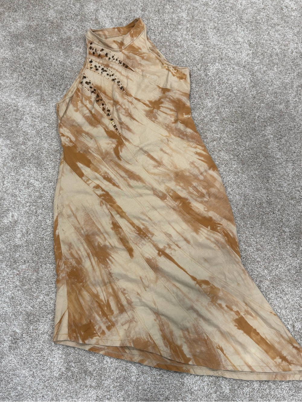 Retro 90s Cream and Orange Tie-Dye Asymmetrical Dress with Bead Embellishments